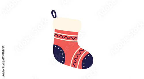 A festive Christmas stocking, adorned with red, blue, and white patterns, complete with a cream cuff and hanging loop, ready for holiday treats.