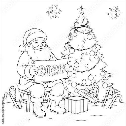 Jolly Santa Claus with Christmas Tree Holding 2026 Sign