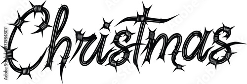 Black Christmas text with sharp thorny spikes on white background lettering word
