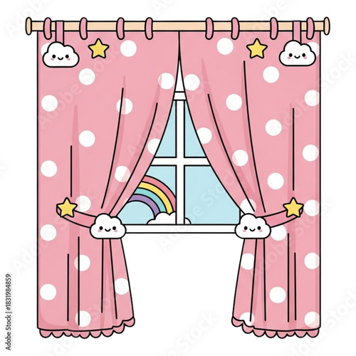 Adorable pink polka dot curtains framing a window with a rainbow, perfect for adding a touch of whimsical charm to any child's room