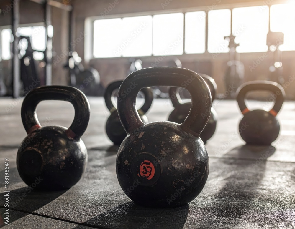 Fototapeta premium Kettlebells on the gym floor, ready for a workout session