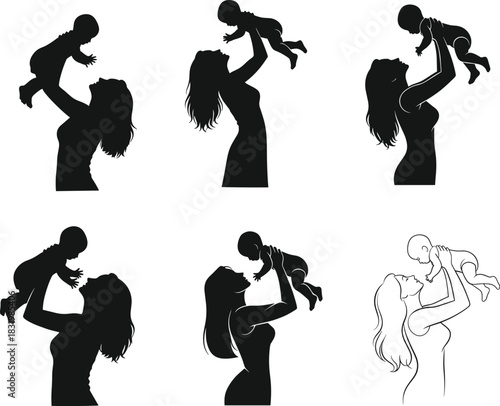 Mother lifting baby silhouette, family bonding, parenting love, black vector set, childcare pose, emotional connection, motherhood design, outline