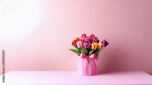 Wallpaper Mural Winter holiday celebration concept. Christmas New Year. A vibrant bouquet of tulips in a pink vase with a pink ribbon. The tulips are in various shades of purple, orange, and yellow. Torontodigital.ca