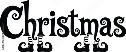 Christmas text with elf legs and striped stockings and shoes on transparent background lettering word