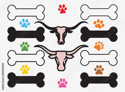 Longhorn Bull Head with Mixed Color Bone Shapes Illustration