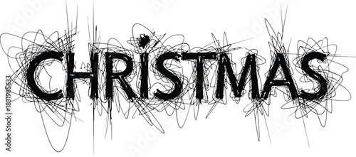 Distressed black scribbled letters spelling Christmas on a white background Keywords: Christmas, holiday, festive, celebration, winter, season, greeting, text, word, typography, distressed
