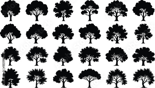 Diverse collection of black tree silhouettes, set of various forest and garden plant shapes for natural park and landscape architecture vector design