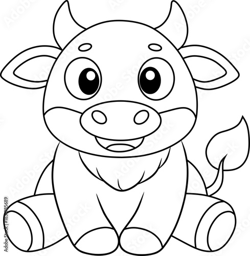 Cute cartoon bull cub with bold outlines, created as a fun and simple coloring page for kids.