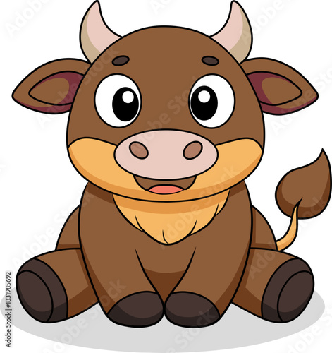 Cute and cheerful cartoon illustration of a bull calf with big eyes.