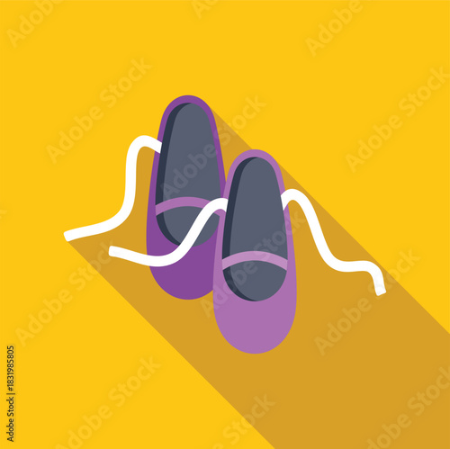 Purple ballet pointe shoes with ribbons on a yellow background with long shadow