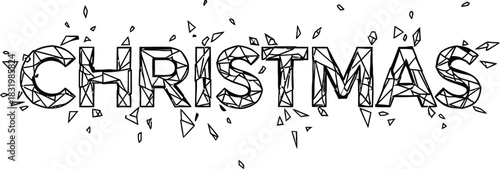 Geometric shattered Christmas text in black outline on white background lettering