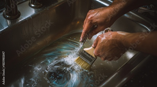 Close-up of hands cleaning a paintbrush in stainless steel sink with running water