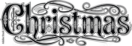 Ornate Black Christmas Typography with Flourishes on White Background holiday festive