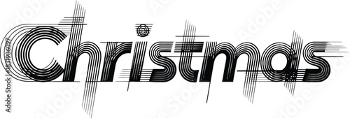 Stylized black and white Christmas text with abstract line art effect Keywords: Christmas, text, typography, holiday, festive, celebration, winter, greeting, abstract, artistic, graphic, design