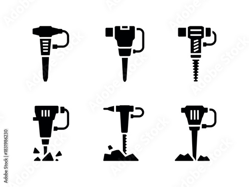 Illustration of six different jackhammer tools in black and white