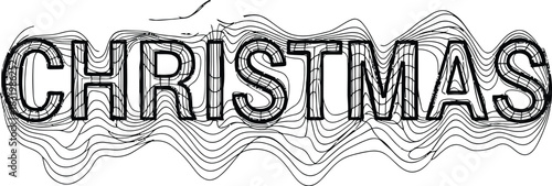 Wavy, distorted black and white Christmas text with flowing line art effect Keywords: Christmas, text, typography, holiday, festive, celebration, winter, greeting, wavy, distorted, lettering, word