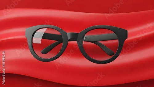 Stylish round-frame black eyeglasses resting on a flowing red fabric surface, creating a bold and sophisticated visual