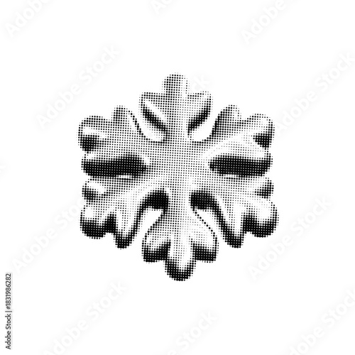 Black halftone snowflake with dotted texture in retro comic style. Grainy gradient snowflake isolated on white bg. Vintage print effect for Christmas and New Year design or decorations. 3D vector