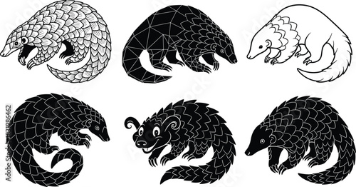 Stylized pangolin illustrations, curled, walking, cartoon, geometric, vector set, scale texture, artistic styles, wildlife design, animal poses