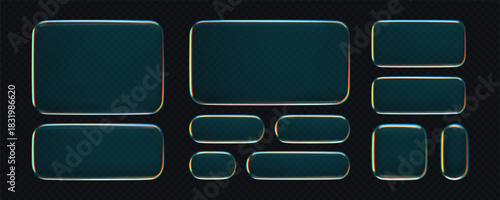 3D liquid glass button and frame set with transparent holographic glow, isolated on dark background. Futuristic UI, UX elements for digital apps, web design or game interfaces. 3D tech glass vector