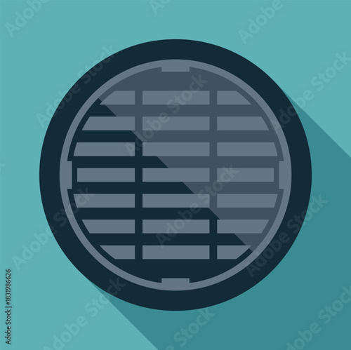 Grate manhole covering an underground sewer system in flat design style