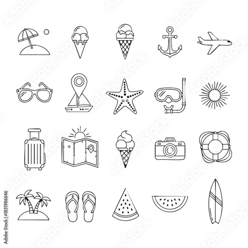 Creative summer elements vector line art illustration