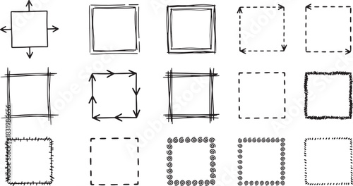 Hand Drawn Square Frames Doodle Borders Sketch Outline Design Set