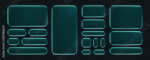 3D blue liquid glass buttons with a transparent neon futuristic effect, isolated on dark background. Cyan liquid glass frame, UI UX elements for phone app or game interfaces. 3D tech digital vector