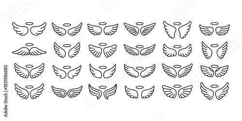 Collection of Hand Drawn Angel Wings and Halos Icons symbol