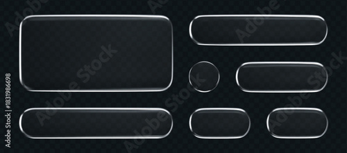 3D liquid glass button and frame set with transparent silver shine, isolated on dark background. Futuristic UI, UX elements for digital apps, web design or game interfaces. 3D tech glass vector