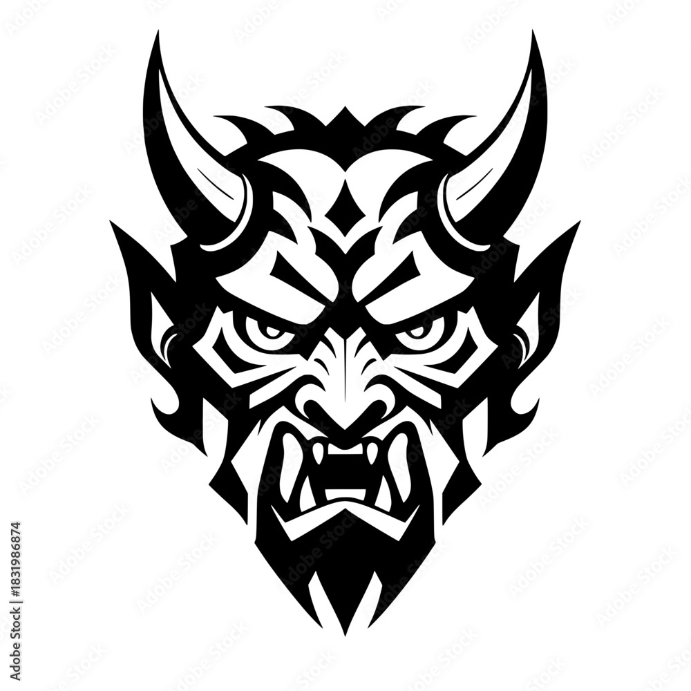 Obraz premium Devil or Demon Head Illustration, Black Vector in Tribal Style for Logo, Mascot, or Tattoo.