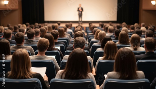 Large audience focuses on a speaker giving a presentation on stage, illustrating concepts of education, public speaking, seminars, and corporate training events