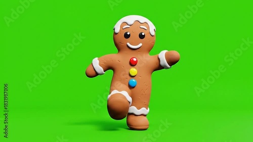 Whimsical 3D Gingerbread Man Character Dancing Joyfully Isolated on Vibrant Green Screen Background with Festive Icing and Colorful Candy Buttons Symbolizing