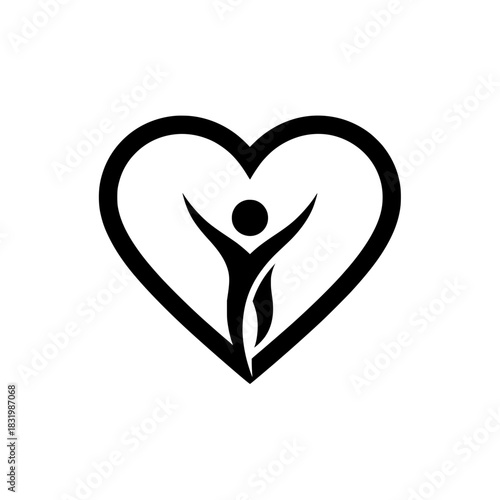 Human figure raising hands happily inside a big heart shape. For logos or icons