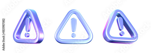 3D holographic alert icon with neon glow isolated on white bg. Render of triangle sign cyber risk, scam, fraud, hacker attack. Tech warning mark for caution, danger, exclamation and hazard. 3D vector