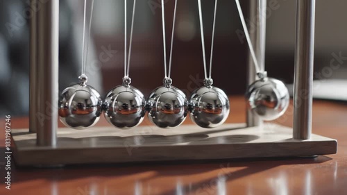 Newton's Cradle Balls Swinging on Wooden Desk, Concept for Physics and Momentum