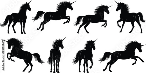Collection of fantasy unicorn silhouettes, black vector illustration set showing mythical horses in various poses for magic, fairy tale, and tattoo graphic design