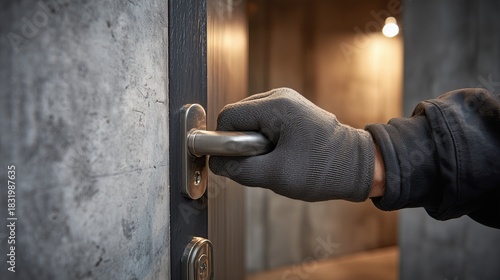 Gloved hand opening new steel security door in modern concrete apartment hallway