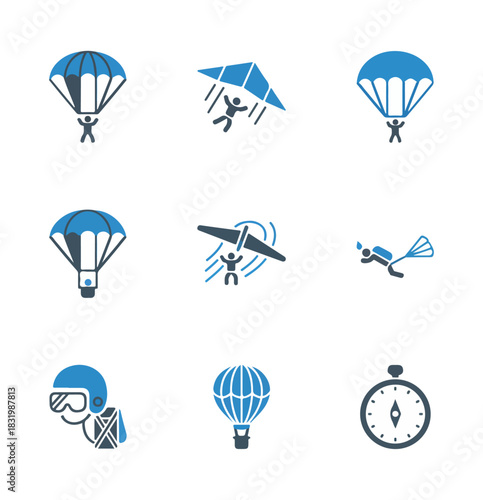 Airborne sports icons set parachutes hang gliders and compass