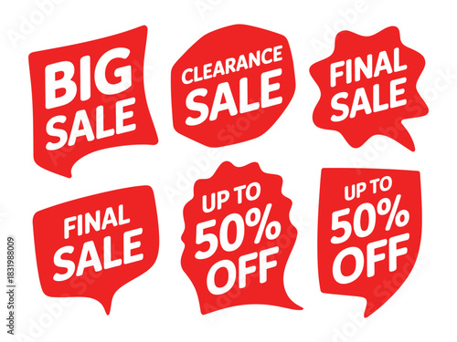 Red sale stickers with big sale clearance sale and up to fifty percent