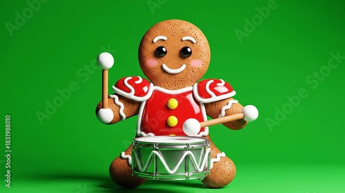 Whimsical 3D Render Gingerbread Man Character Playing a Shiny Drum on a Vibrant Green Background with Festive Red and White Accents