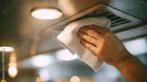 Technician cleaning ceiling exhaust vent with cloth during maintenance