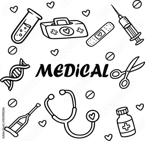 Hand-drawn medical doodle collection with icons and symbols
