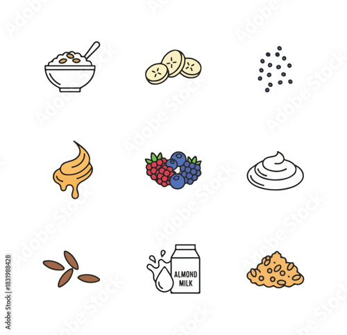 Breakfast ingredients illustration featuring bowl berries banana honey seeds milk