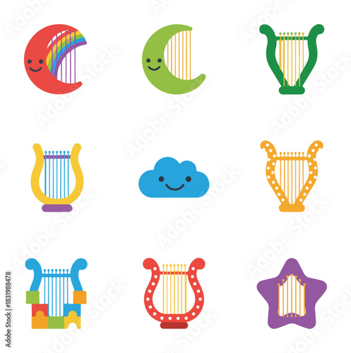 Cartoon lyre musical instruments and cloud icons on dark background