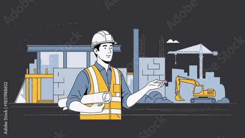 Architect on Construction Site Reviewing Plans – Flat Vector Illustration