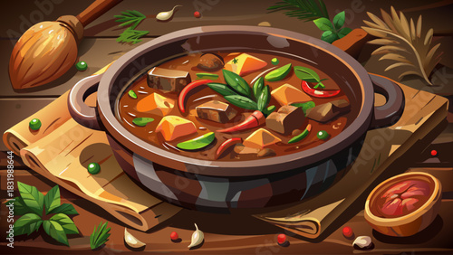 Warm and comforting beef stew in a rustic bowl, photographed close-up on a wooden tabletop. Deep colors, tender ingredients, and rich texture ideal for recipe books, menu design, and food advertising