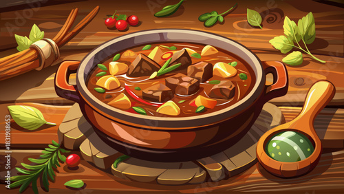 Hearty beef stew served in a rustic ceramic bowl, captured close-up on a wooden table. Rich textures, warm tones, and comforting homemade appearance perfect for food photography, recipe visuals
