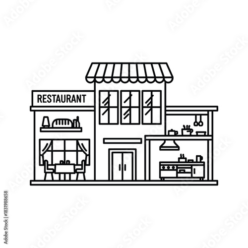 Line Art Restaurant Building Icon with Dining Room and Kitchen Interior