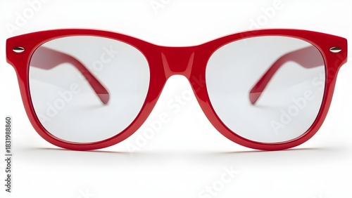 A pair of bold red eyeglasses with a classic frame, representing clear vision, intellectual style, and fashion, isolated on a white background
